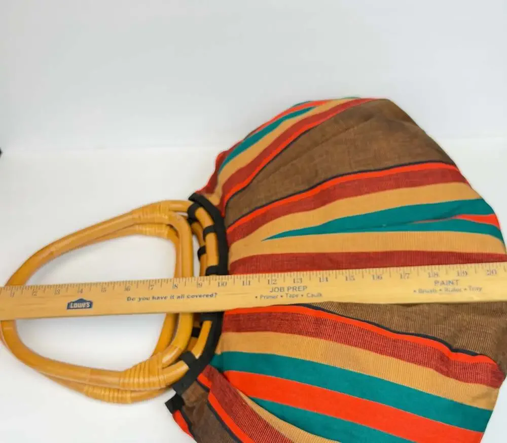 Putu By J. Maclear Bohemian Striped Fabric Hobo Bag with Rattan Handles